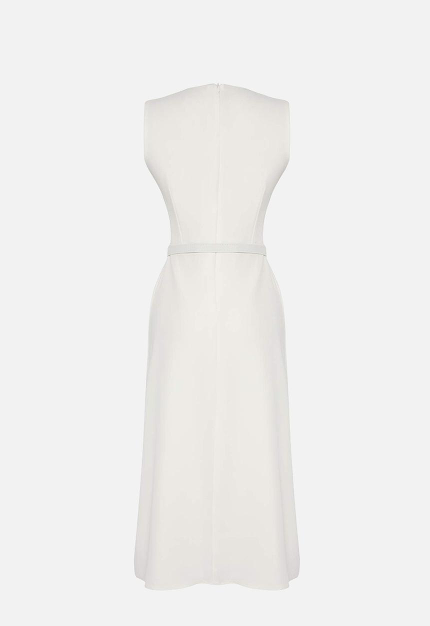 Trendyol - Belted A-Line and Button Detail Lined Midi Woven Dress - White