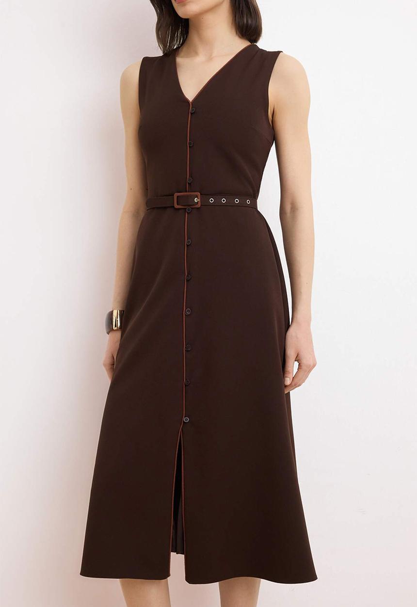 Trendyol - Belted Straight A-Line Midi Woven Dress - Brown