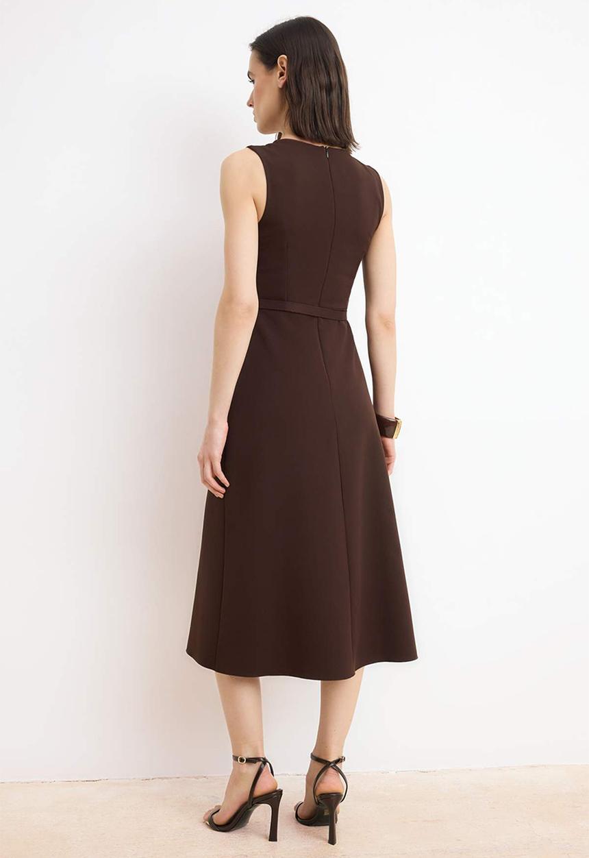 Trendyol - Belted Straight A-Line Midi Woven Dress - Brown