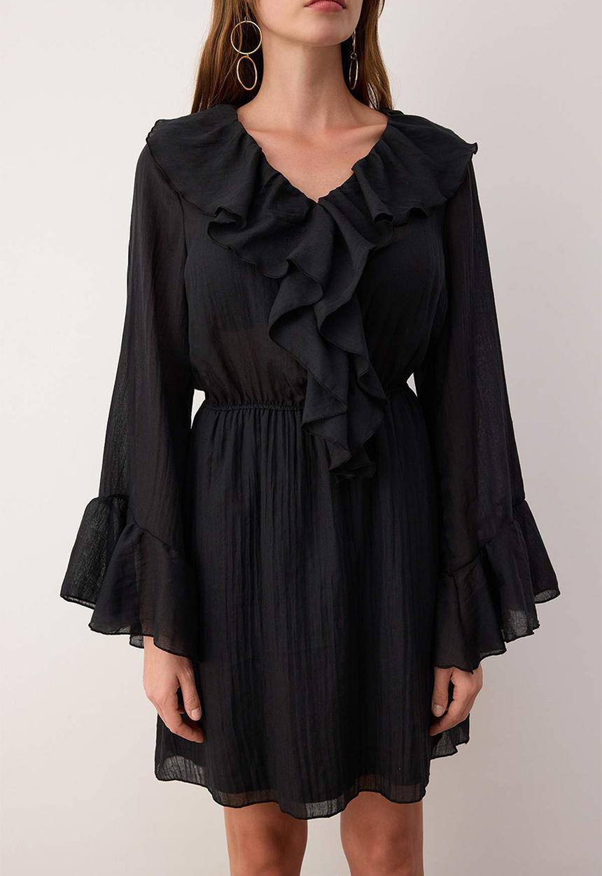 Trendyol - Ruffle Detail Boho Mini Woven Dress - Black