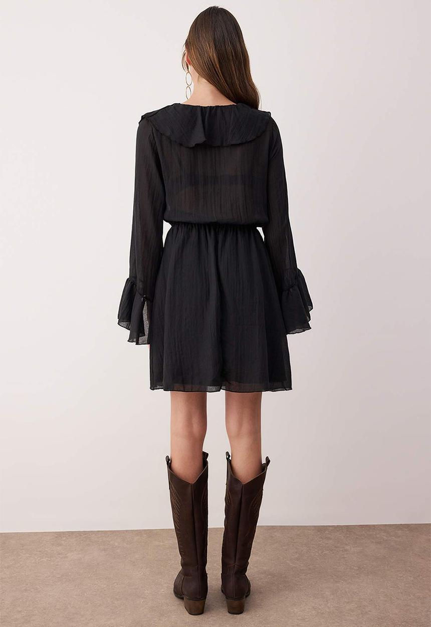 Trendyol - Ruffle Detail Boho Mini Woven Dress - Black