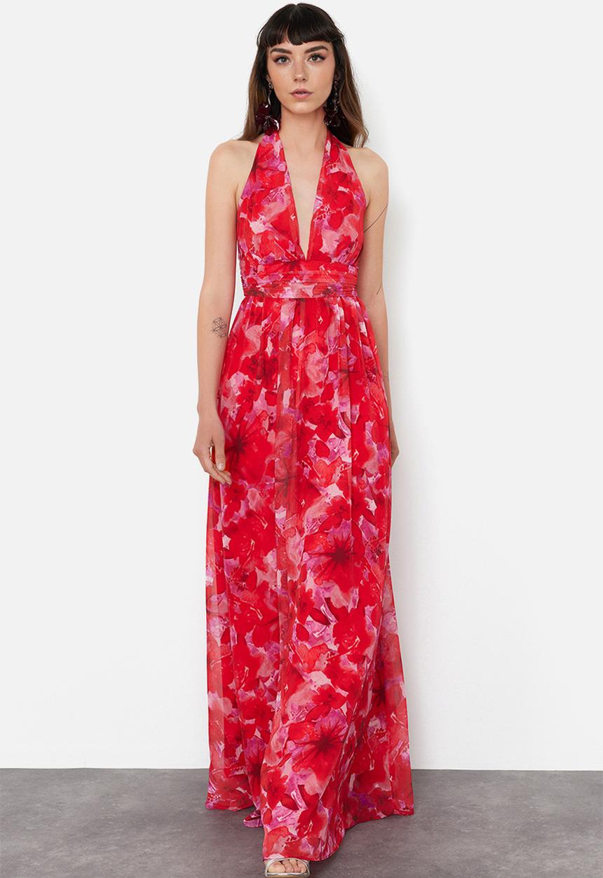 Trendyol - A-Line Floral Print Deep V-Neck Long Dress