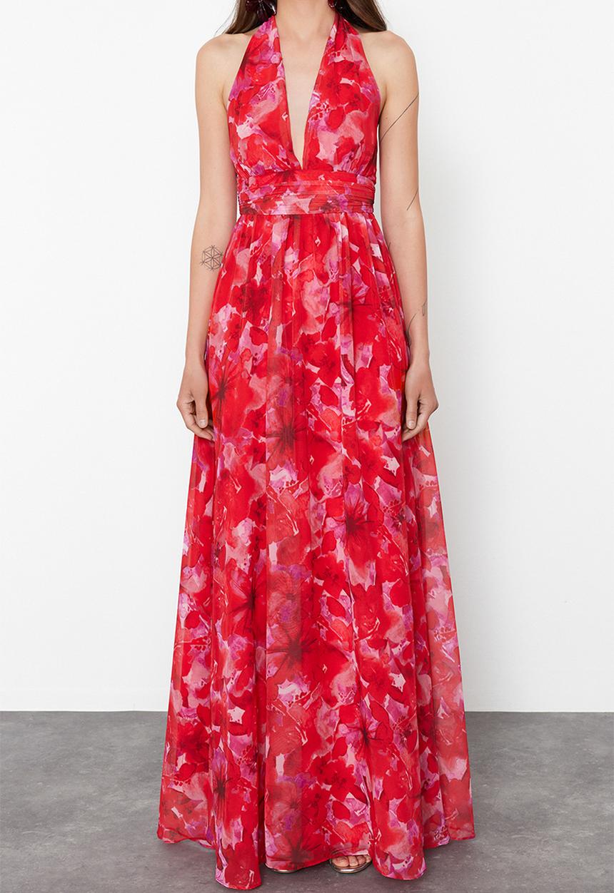 Trendyol - A-Line Floral Print Deep V-Neck Long Dress