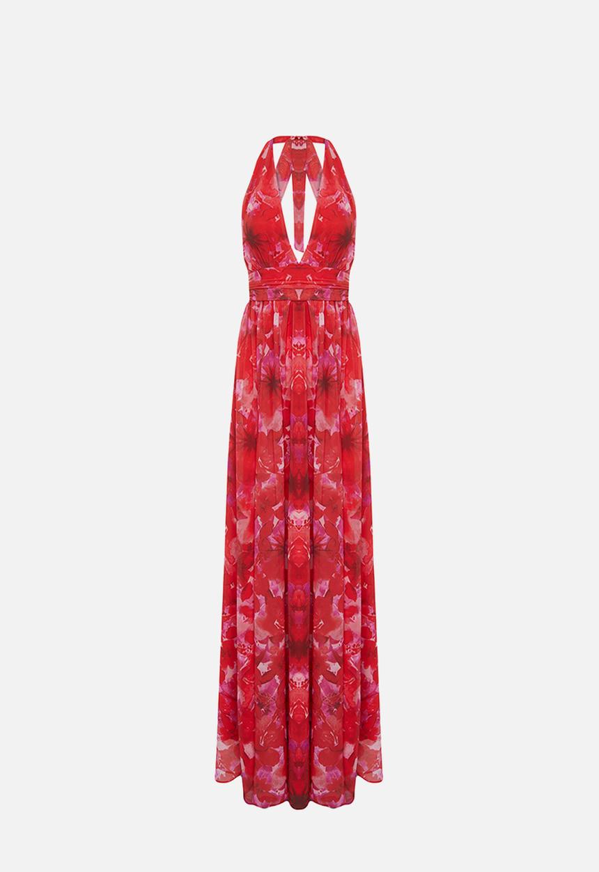 Trendyol - A-Line Floral Print Deep V-Neck Long Dress