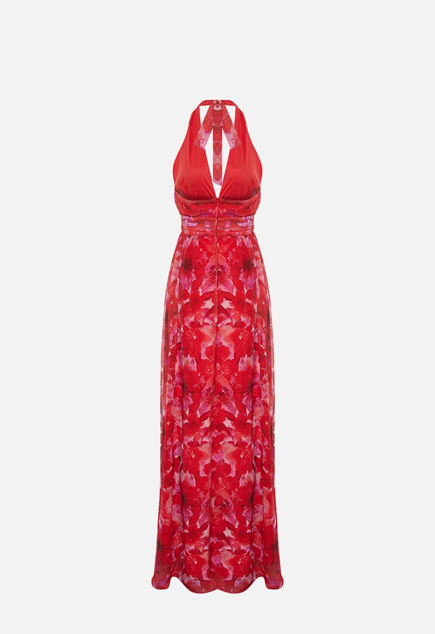 Trendyol - A-Line Floral Print Deep V-Neck Long Dress