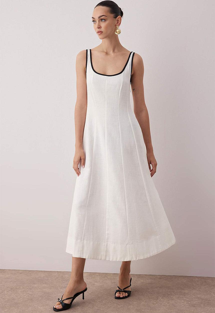Trendyol - Linen Content Plain Midi Woven Dress - Ecru