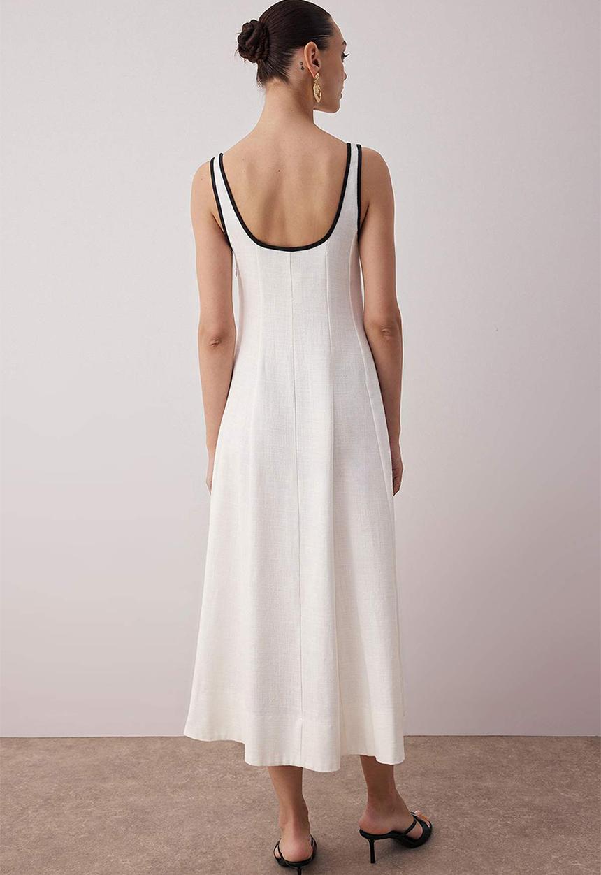 Trendyol - Linen Content Plain Midi Woven Dress - Ecru