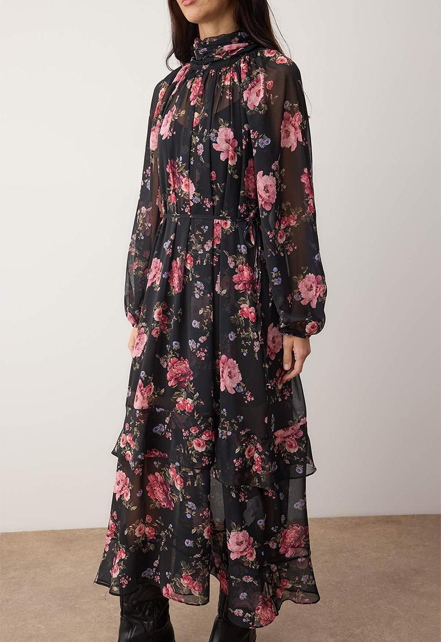 Trendyol - Floral Maxi Lined Chiffon Woven Dress - Black