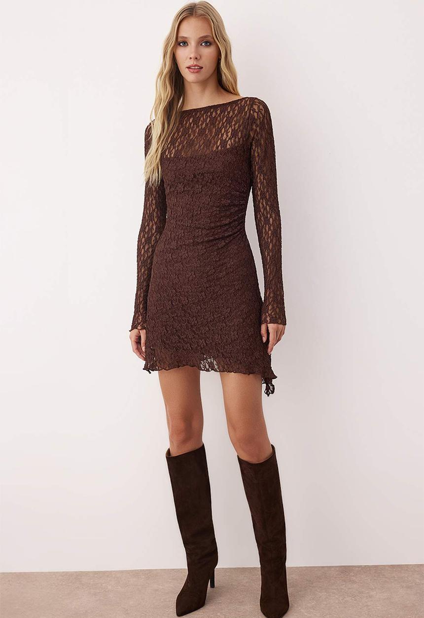 Trendyol - Backless Asymmetrical Detailed Mini Lace Flexible Knitted Dress - Brown