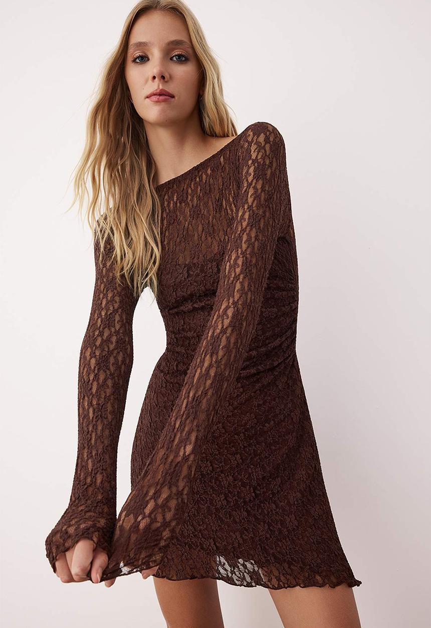 Trendyol - Backless Asymmetrical Detailed Mini Lace Flexible Knitted Dress - Brown