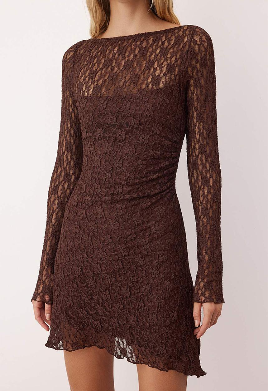 Trendyol - Backless Asymmetrical Detailed Mini Lace Flexible Knitted Dress - Brown
