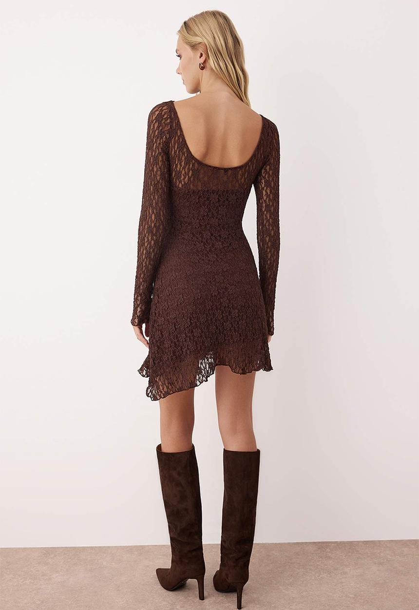 Trendyol - Backless Asymmetrical Detailed Mini Lace Flexible Knitted Dress - Brown
