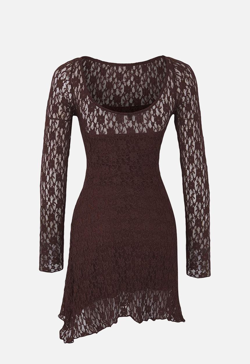 Trendyol - Backless Asymmetrical Detailed Mini Lace Flexible Knitted Dress - Brown