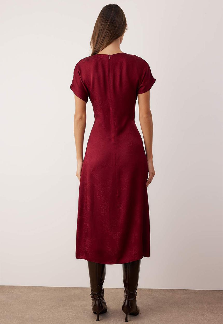 Trendyol - Plain Jacquard Midi Woven Dress - Burgundy