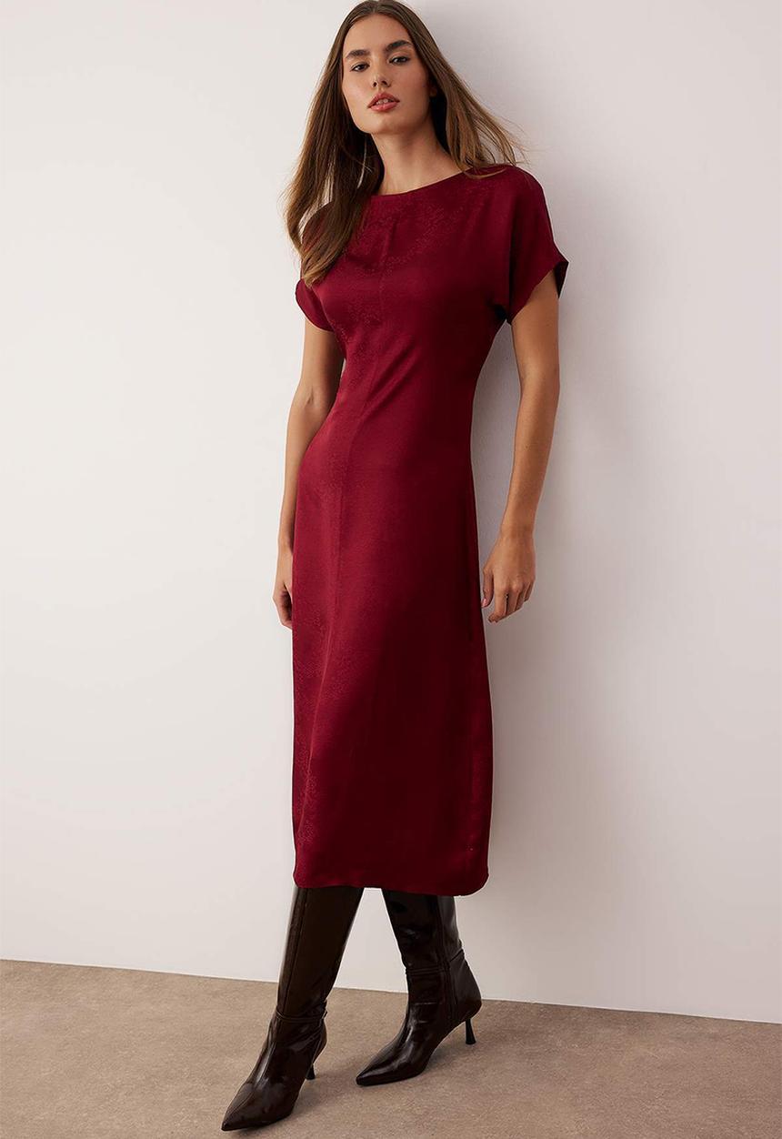 Trendyol - Plain Jacquard Midi Woven Dress - Burgundy