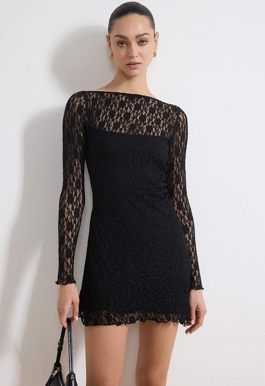 Trendyol - Backless Asymmetrical Detail Mini Lace Stretchy Knitted Dress - Black