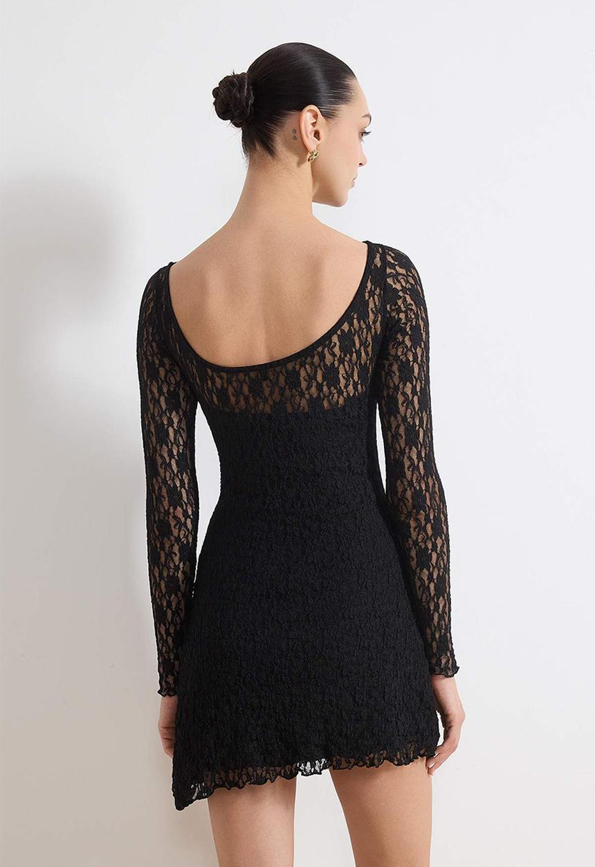 Trendyol - Backless Asymmetrical Detail Mini Lace Stretchy Knitted Dress - Black