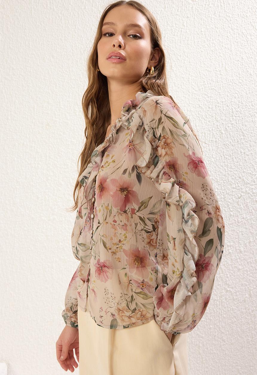 Trendyol - Boho Floral Ruffled Woven Shirt - Multi
