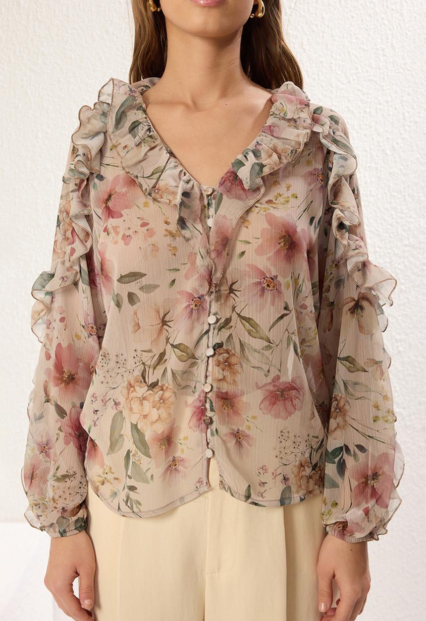 Trendyol - Boho Floral Ruffled Woven Shirt - Multi