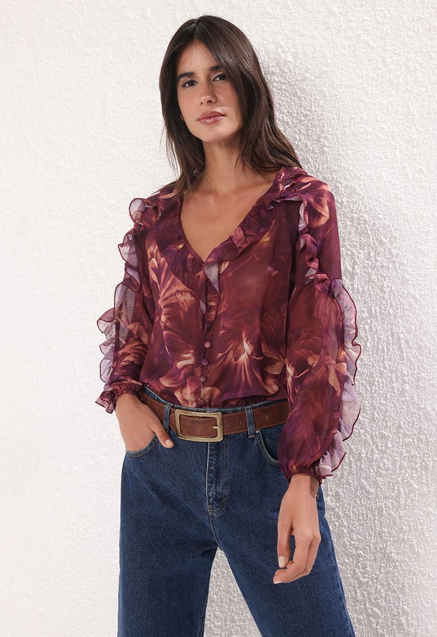 Trendyol - Boho Floral Ruffled Woven Shirt - Plum