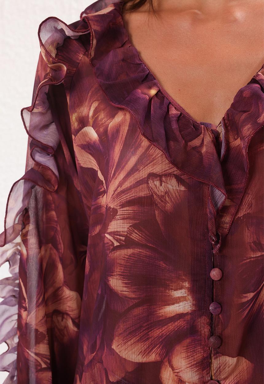 Trendyol - Boho Floral Ruffled Woven Shirt - Plum