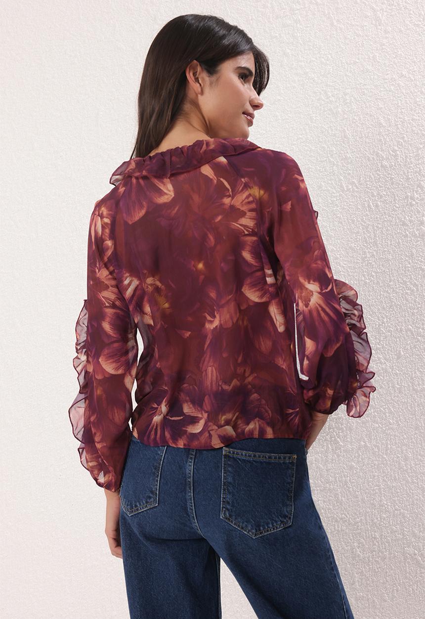 Trendyol - Boho Floral Ruffled Woven Shirt - Plum