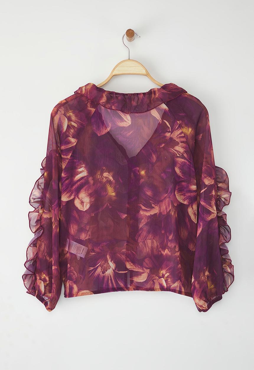 Trendyol - Boho Floral Ruffled Woven Shirt - Plum