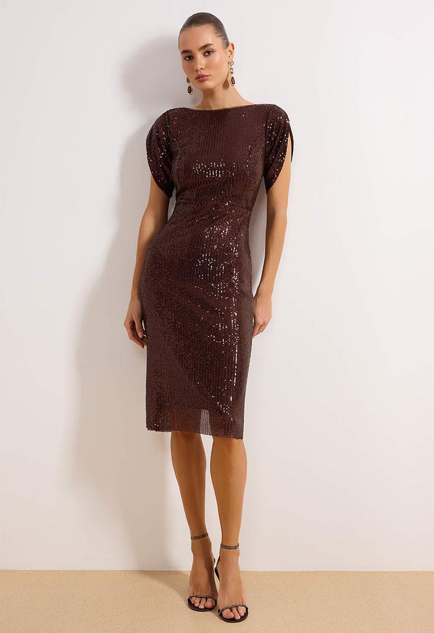 Trendyol - Glitter Knitted Evening Dres - Brown