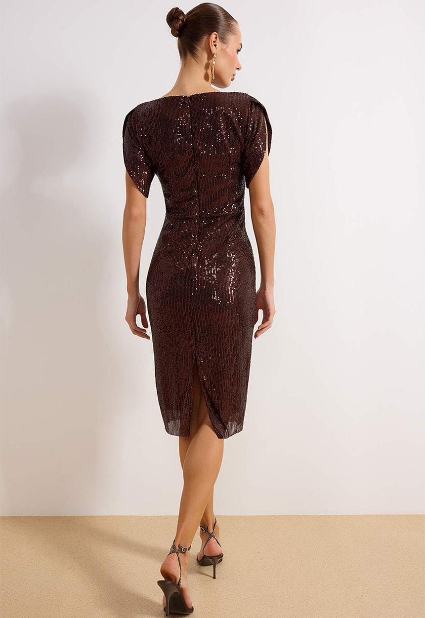 Trendyol - Glitter Knitted Evening Dres - Brown