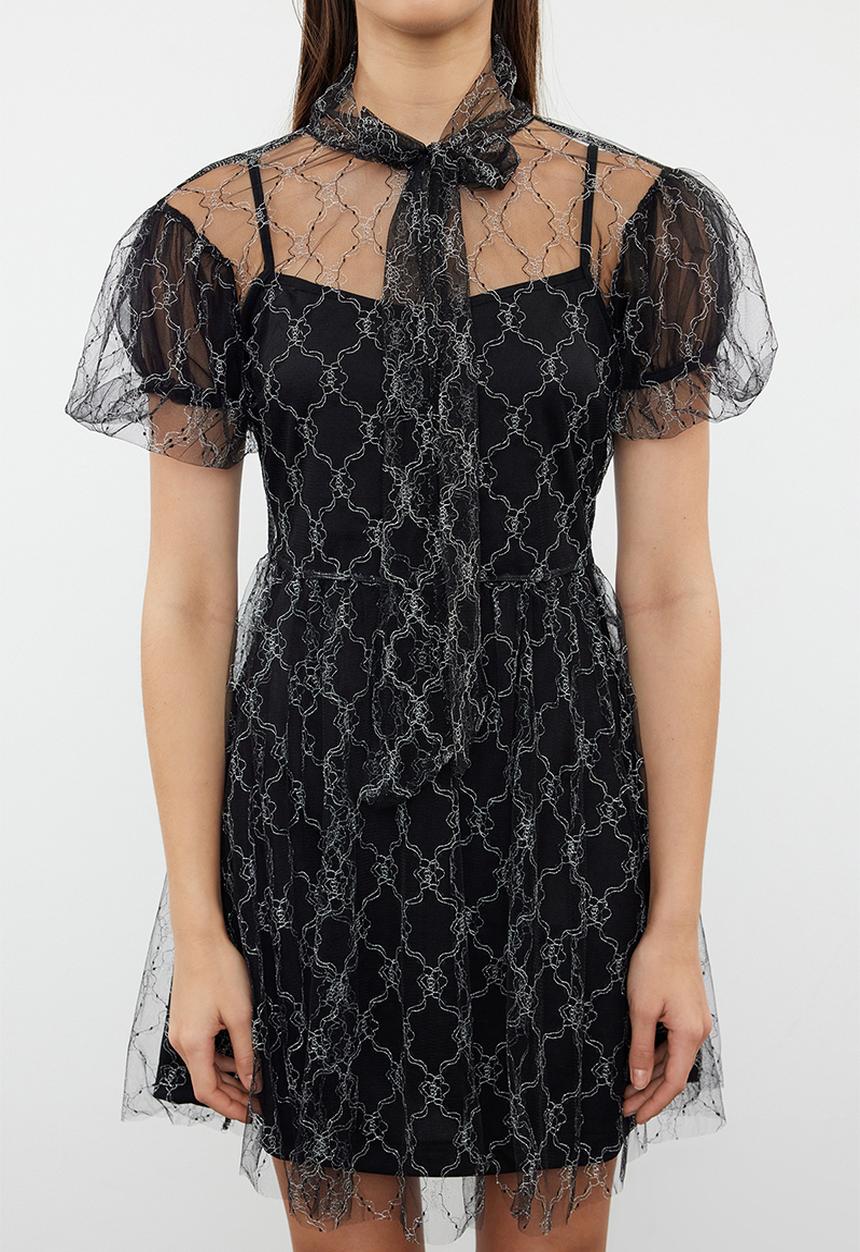 Trendyol - A-Cut Tulle Short Dress - Black