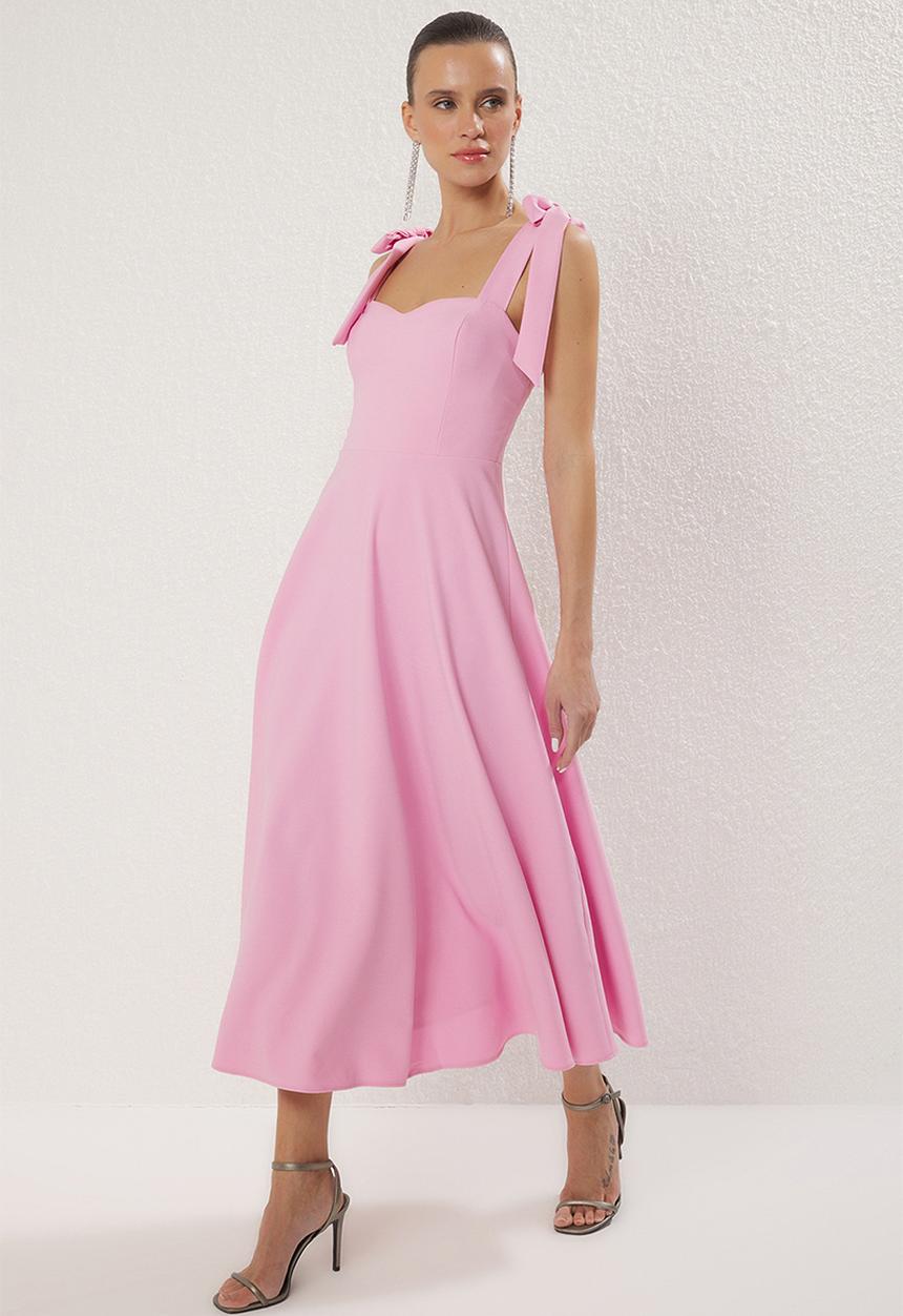 Trendyol - A-Line Strap Binding Detail Woven Evening Dress - Pink