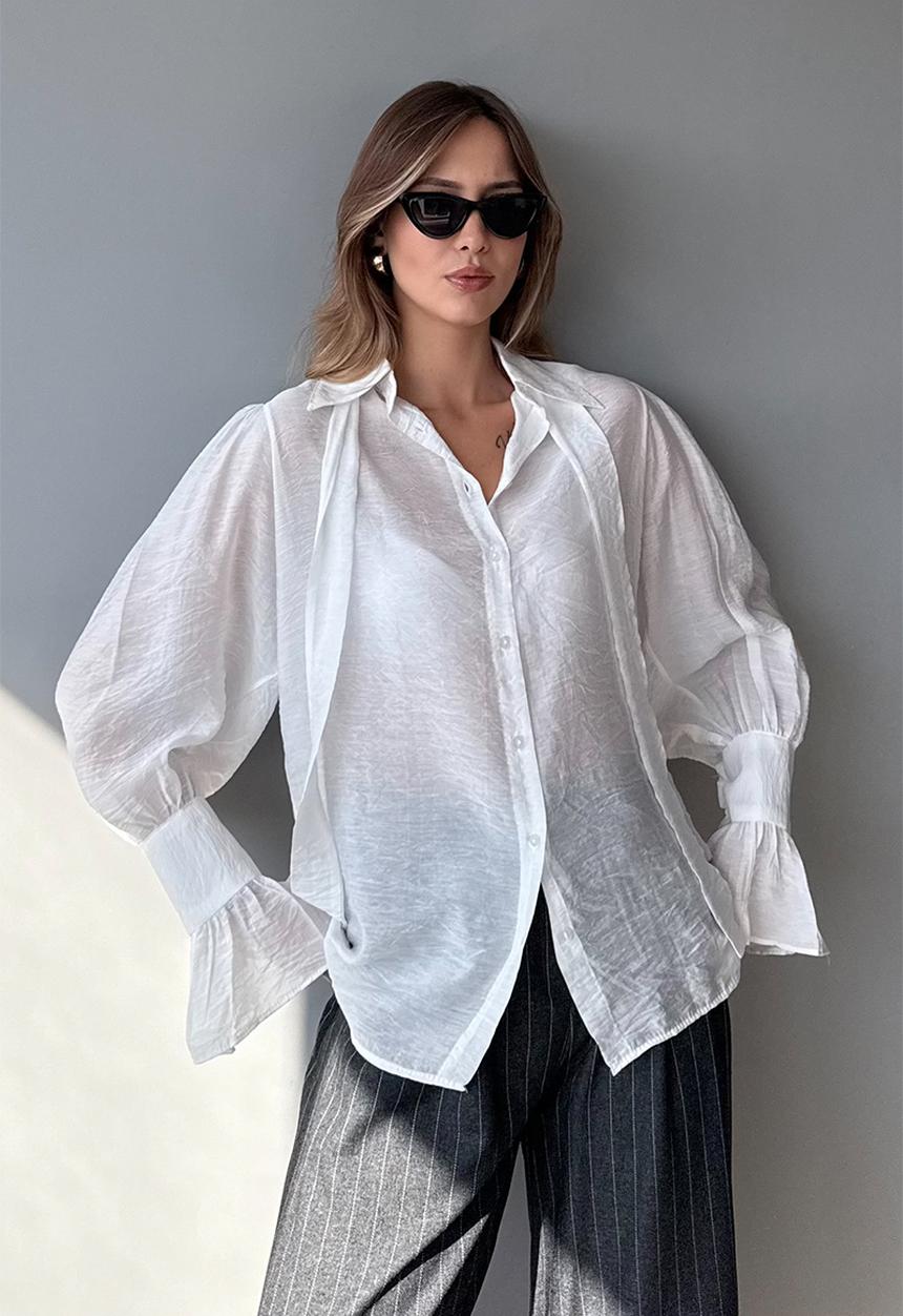Trendyol - Binding Detail Boho Shirt - White