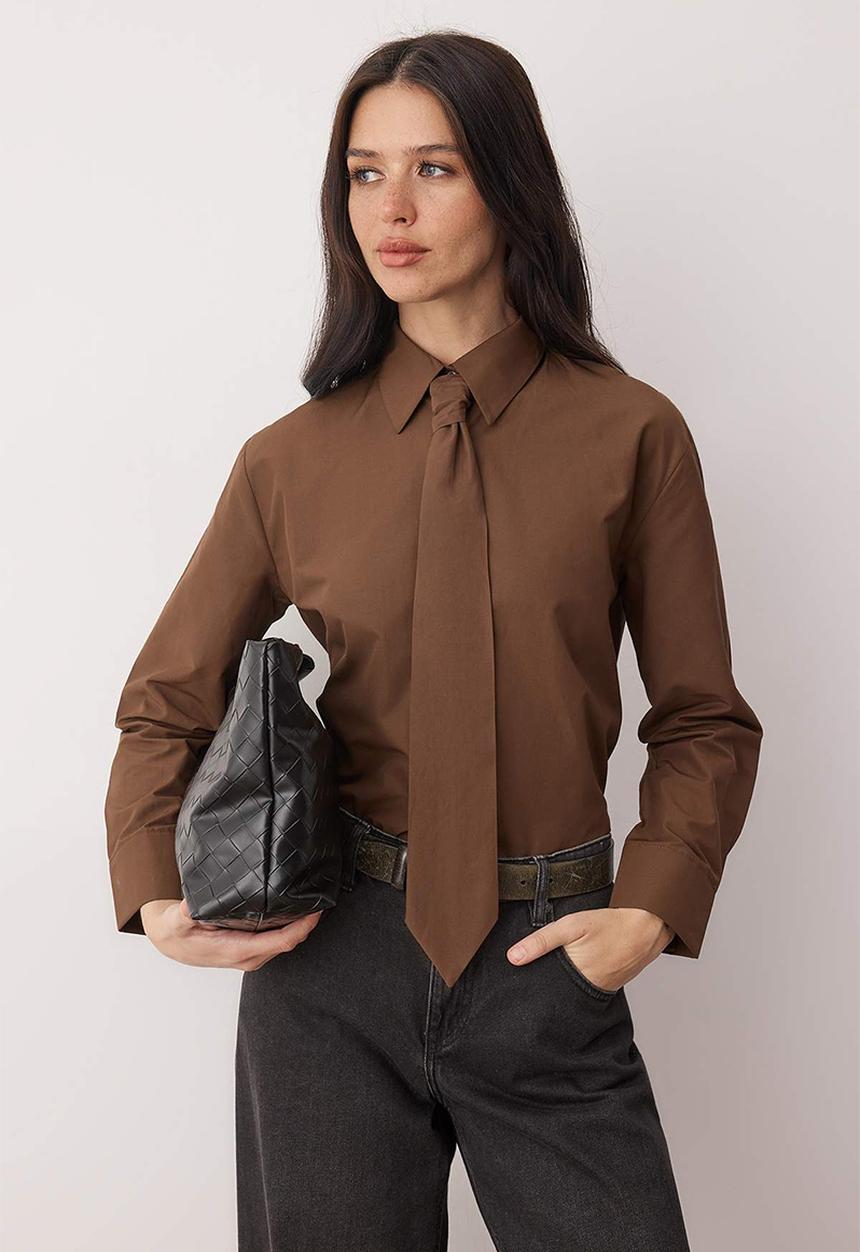 Trendyol - Tie Wide Cut Shirt - Brown