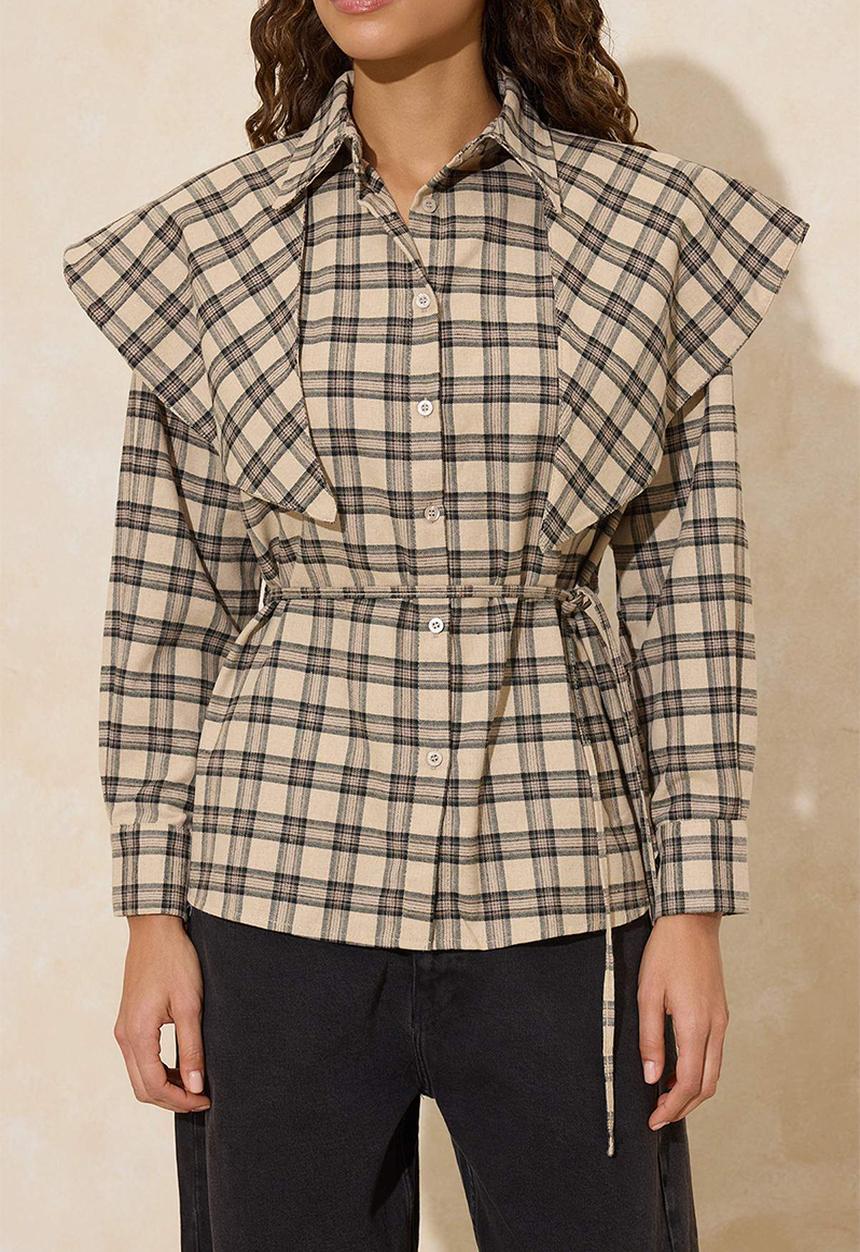 Trendyol - Plaid Detachable Shawl Detailed Shirt - Brown