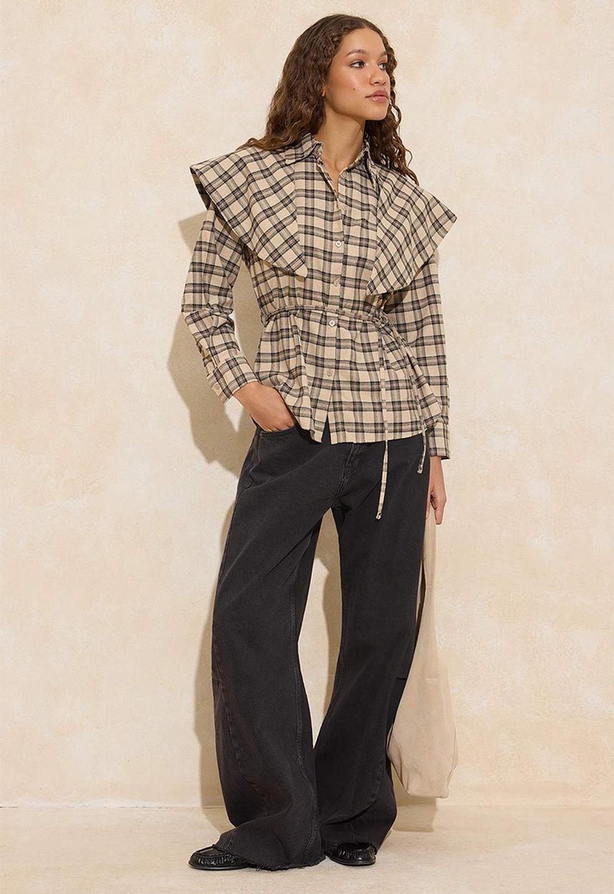 Trendyol - Plaid Detachable Shawl Detailed Shirt - Brown