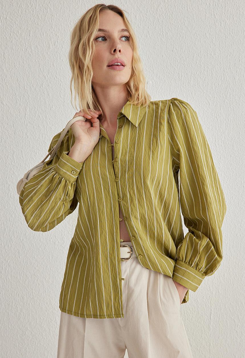 Trendyol - Back Tie Detailed Striped Button Regular Fit Woven Shirt - Khaki
