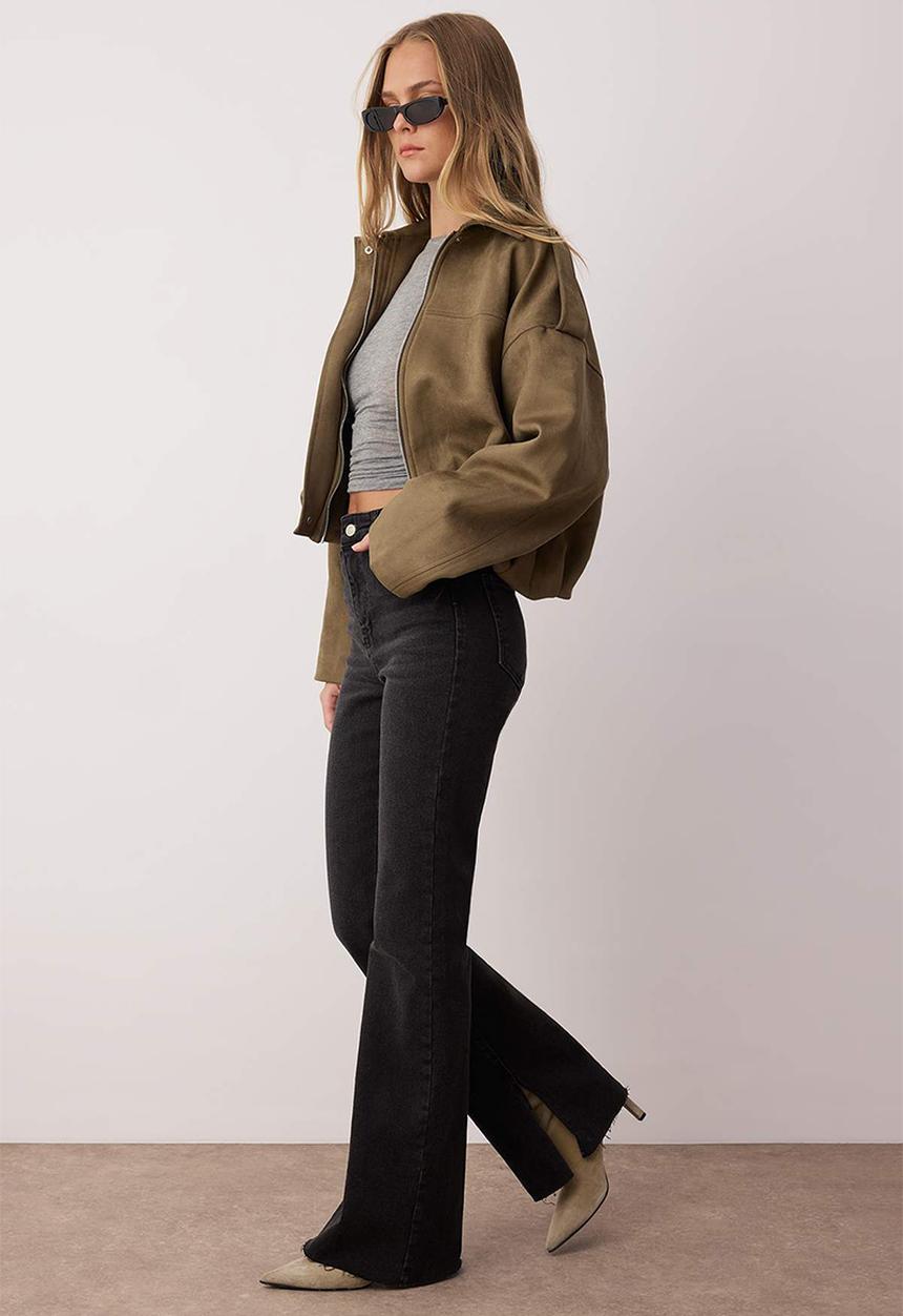 Trendyol - High Waist Flare Jeans with Slit Detail - Black