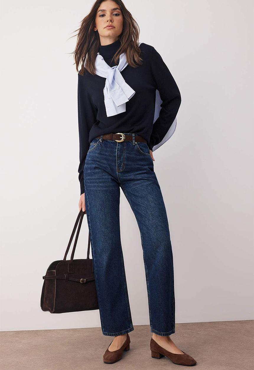 Trendyol - High Waist Straight Leg Jeans - Dark Blue