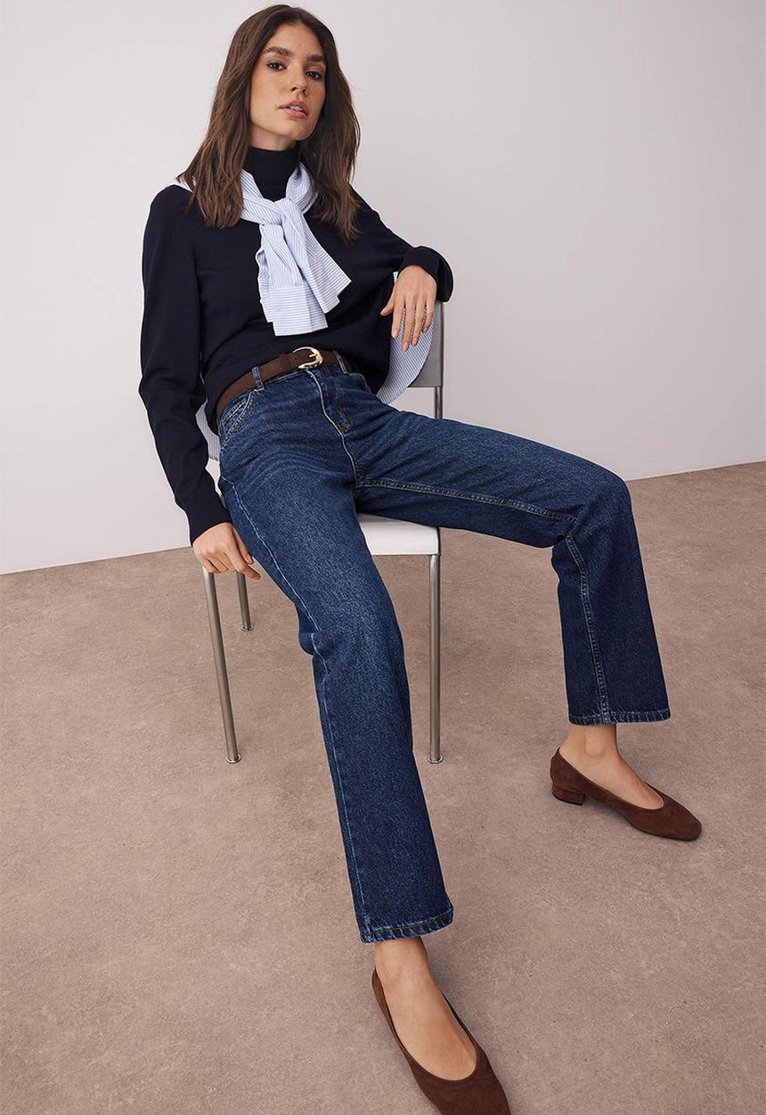 Trendyol - High Waist Straight Leg Jeans - Dark Blue