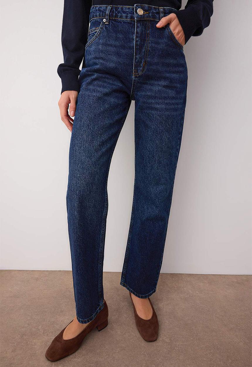 Trendyol - High Waist Straight Leg Jeans - Dark Blue
