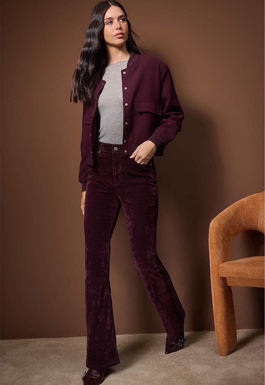 Trendyol - Suede Look Flare Jeans - Burgundy
