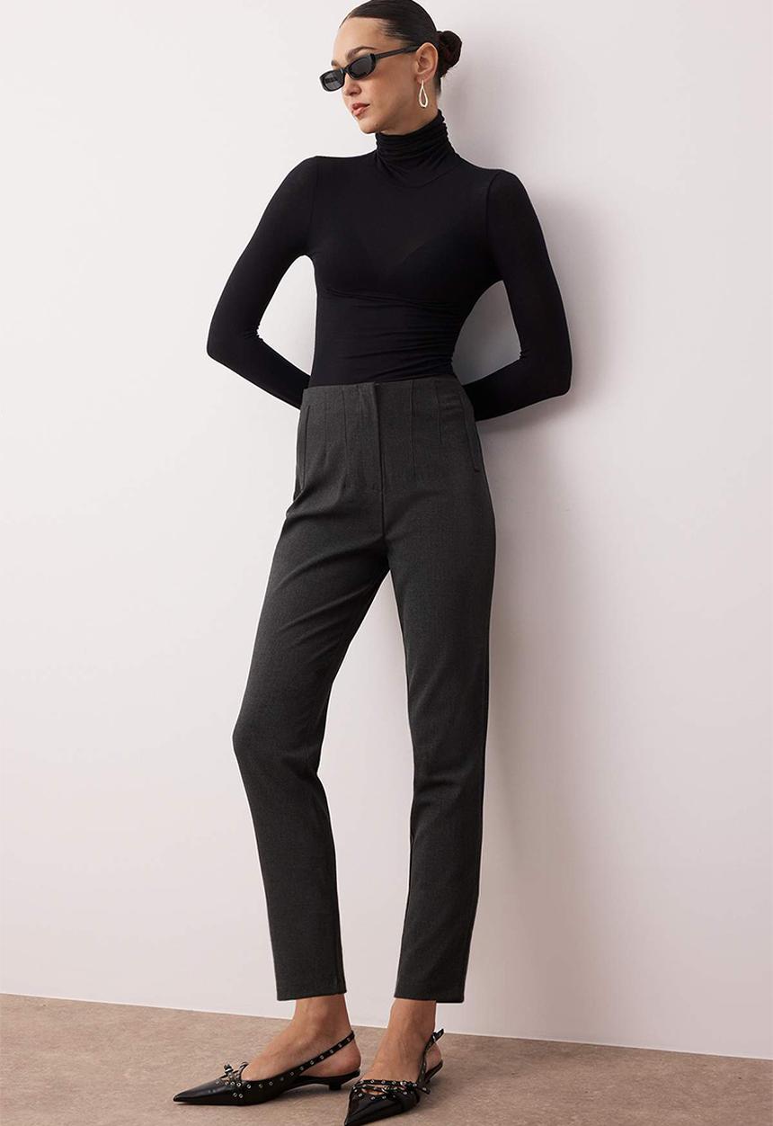 Trendyol - High Waist Cigarette Trousers - Anthracite