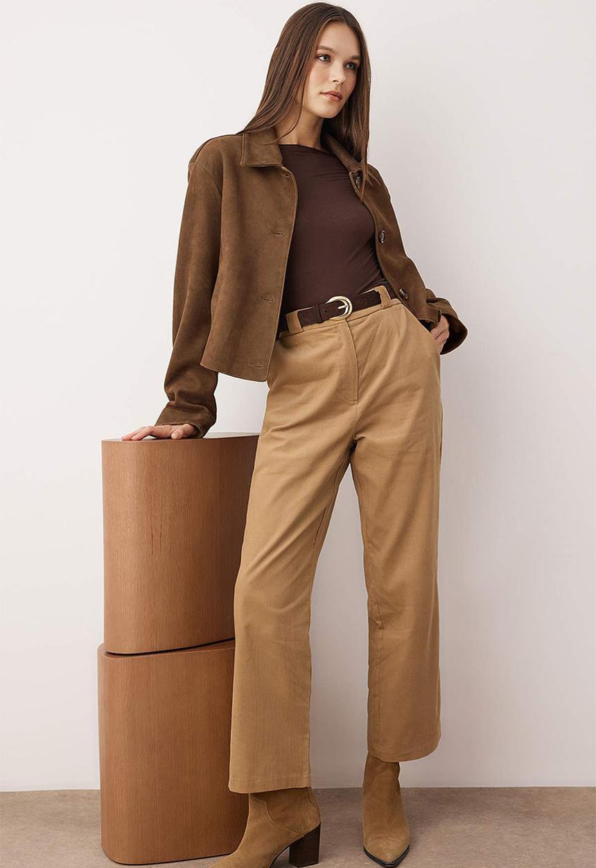 Trendyol - Velvet Straight Leg Trousers - Beige Brown