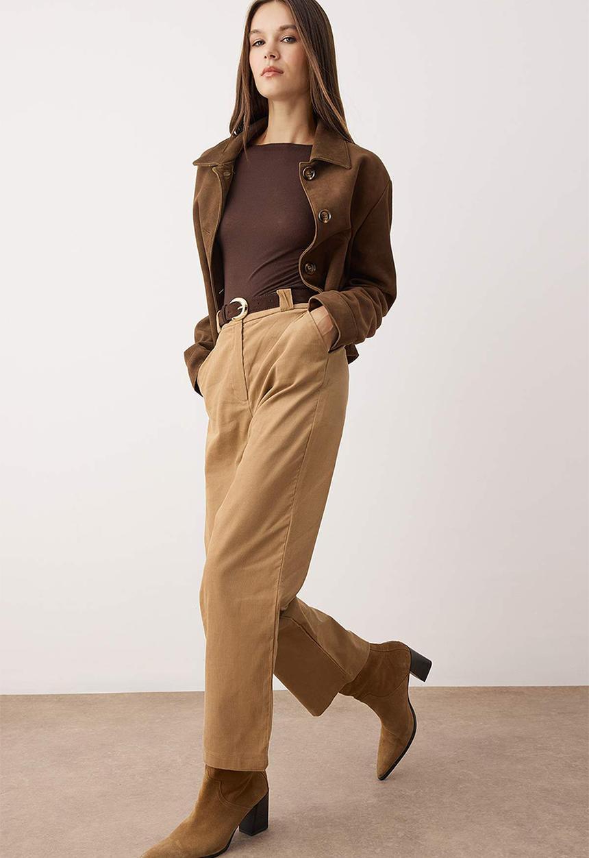 Trendyol - Velvet Straight Leg Trousers - Beige Brown