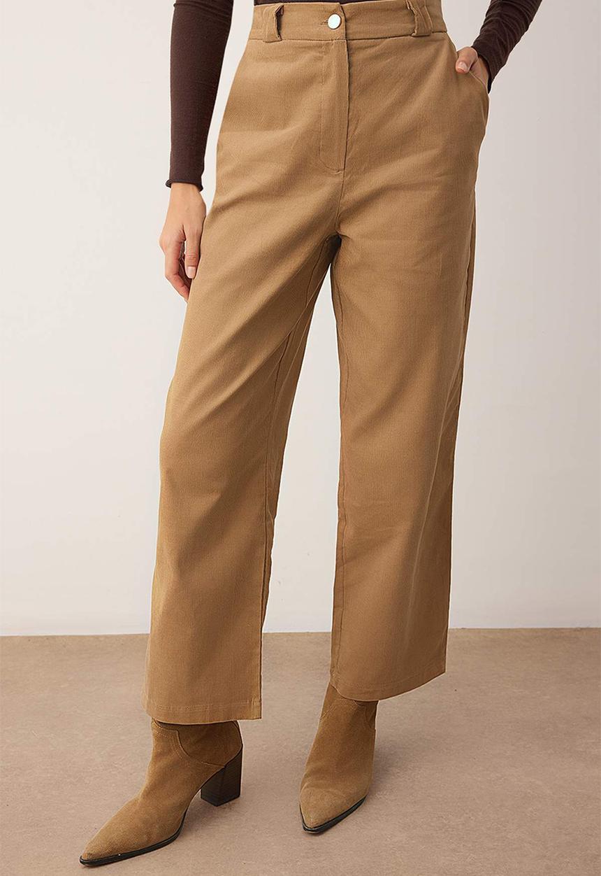 Trendyol - Velvet Straight Leg Trousers - Beige Brown
