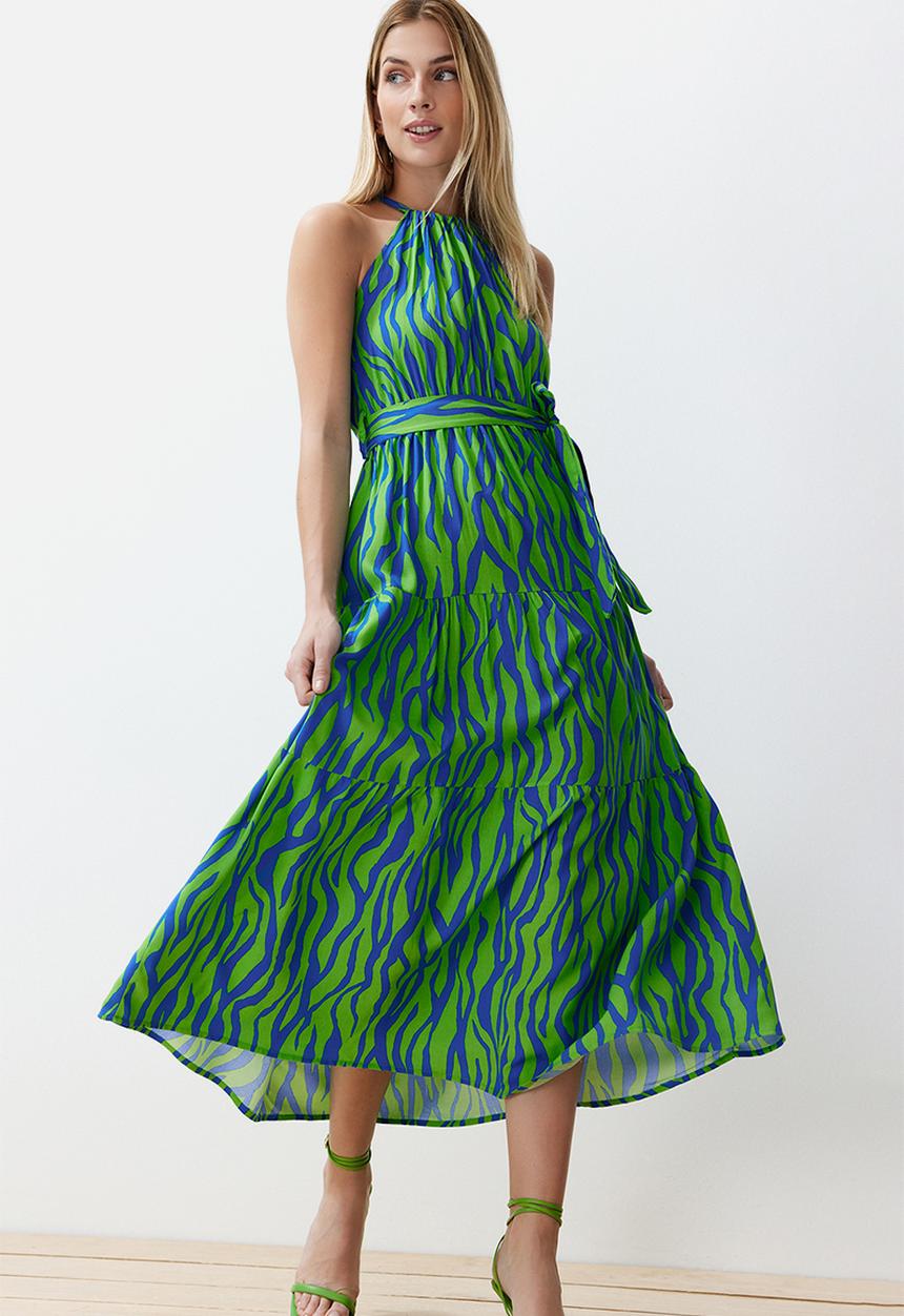 Trendyol - Animal Shift Halter Maxi Woven Dress - Blue & Green