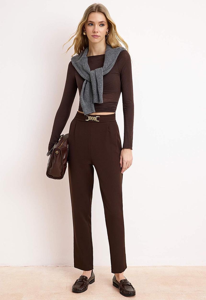 Trendyol - Carrot Fit Trousers with Buckle Detail - Dark Brown