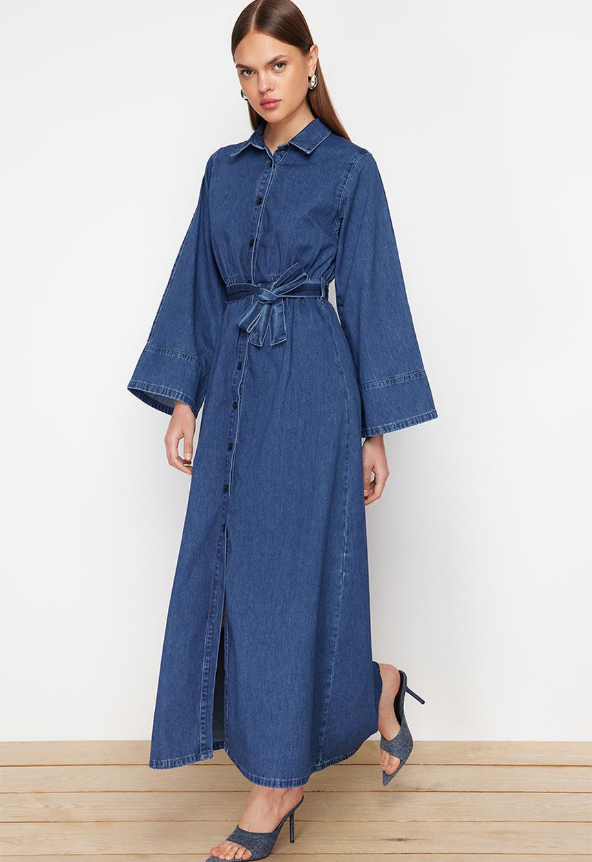 Trendyol - Belted Maxi Denim Shirt Dress - Dark Blue