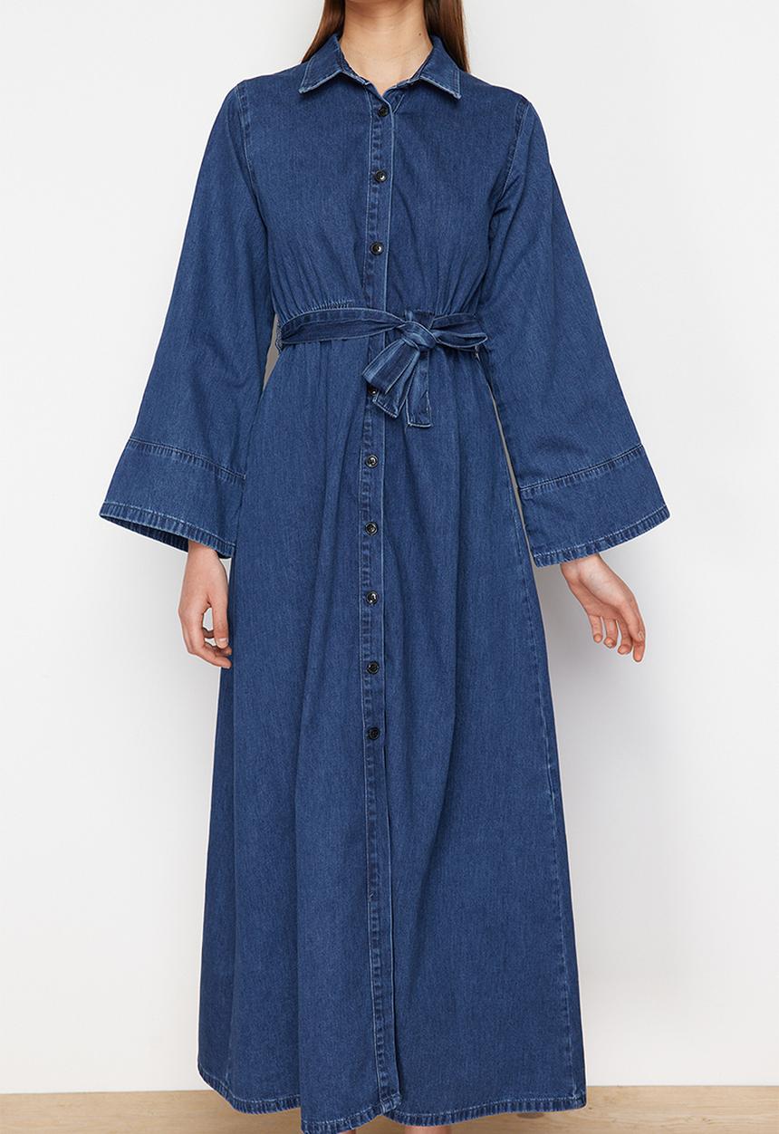 Trendyol - Belted Maxi Denim Shirt Dress - Dark Blue