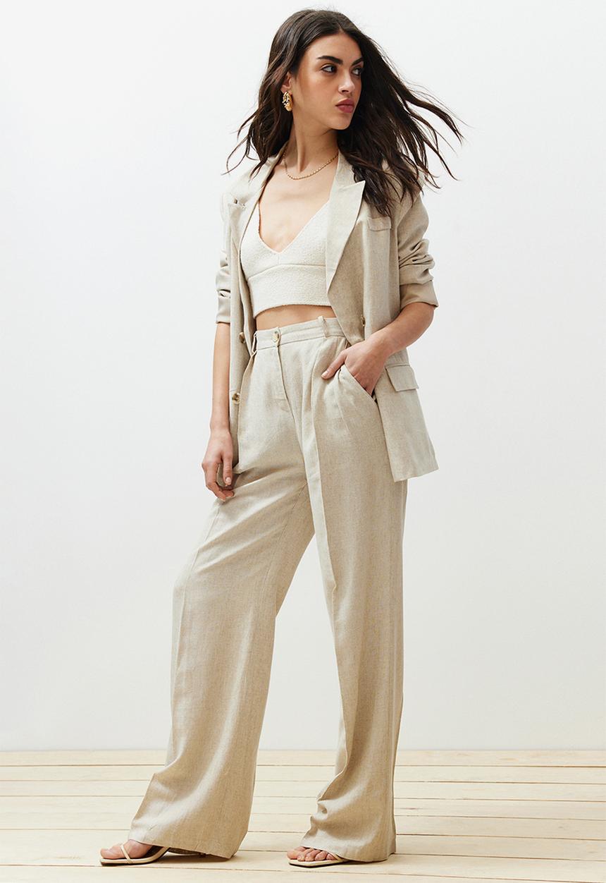 Trendyol - Linen Blend Wide Leg Trousers - Beige